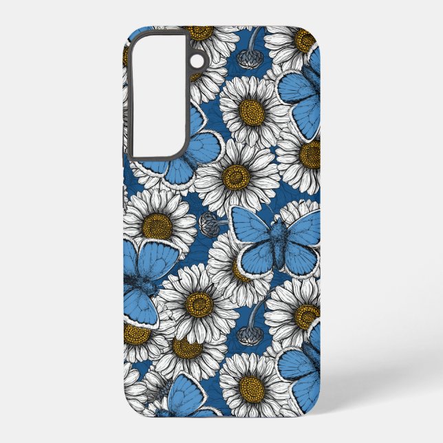 Daisies, white wild flowers and blue butterflies samsung galaxy s22+ case (Back)
