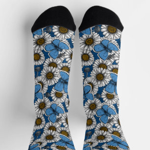 Daisies, white wild flowers and blue butterflies socks