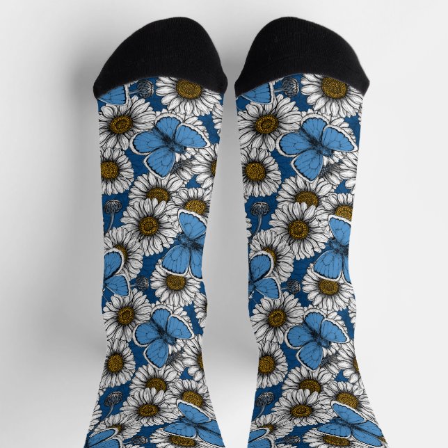 Daisies, white wild flowers and blue butterflies socks (Top)