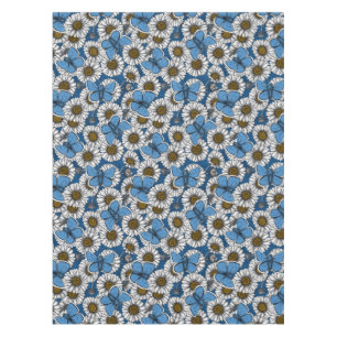Daisies, white wild flowers and blue butterflies tablecloth