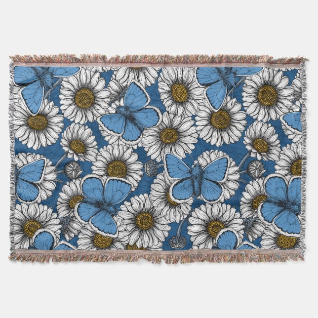 Daisies, white wild flowers and blue butterflies throw blanket (Front)
