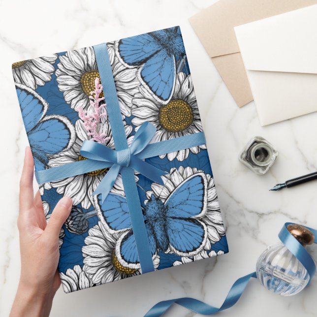 Daisies, white wild flowers and blue butterflies w wrapping paper (Gifting)
