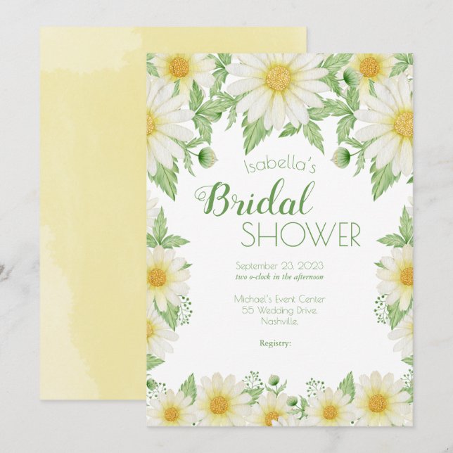 Daisies White Yellow Floral Script Bridal Shower Invitation (Front/Back)