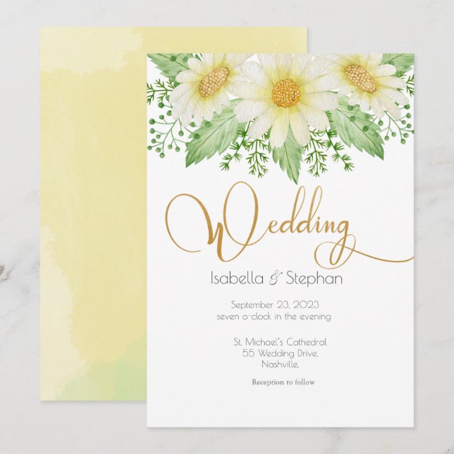 Daisies White Yellow Floral Script Wedding Invitat Invitation (Front/Back)