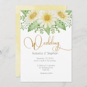 Daisies White Yellow Floral Script Wedding Invitat Invitation