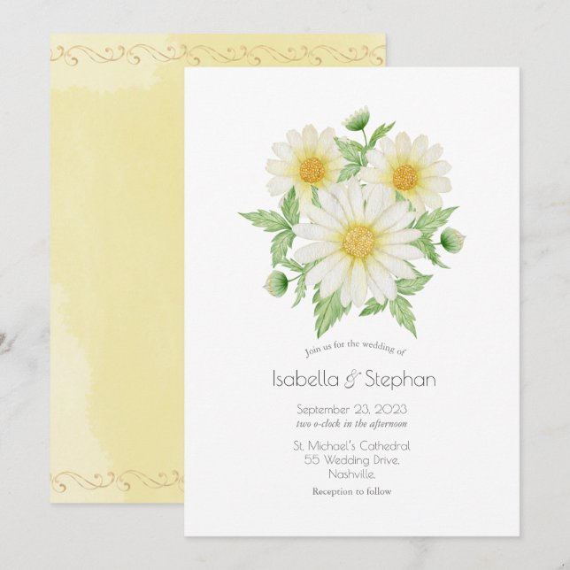 Daisies White Yellow Floral Script Wedding Invitat Invitation (Front/Back)