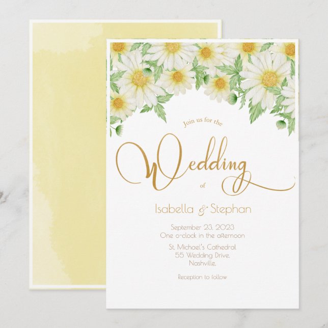 Daisies White Yellow Floral Script Wedding Invitation (Front/Back)