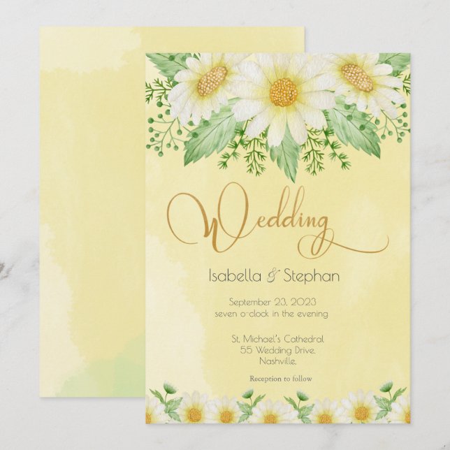 Daisies White Yellow Floral Script Wedding Invitation (Front/Back)