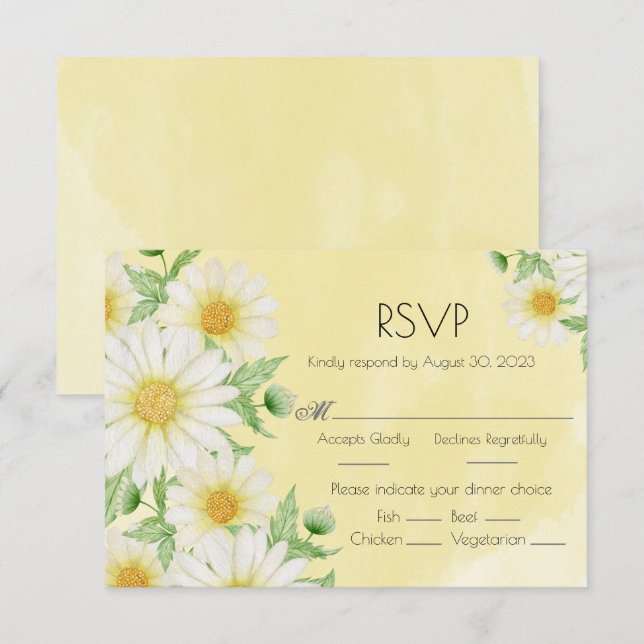 Daisies White Yellow Floral Script Wedding RSVP Card (Front/Back)