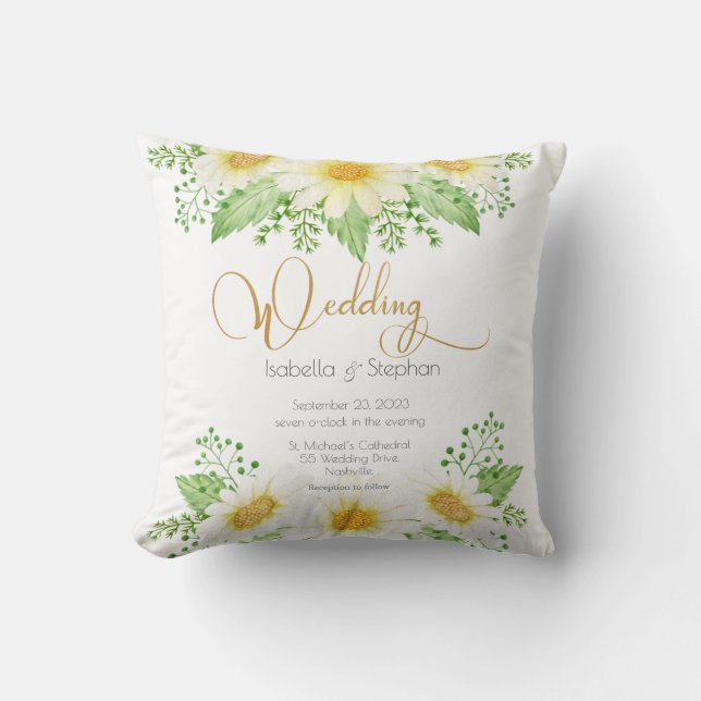 Daisies White Yellow Floral Wedding Cushion (Front)