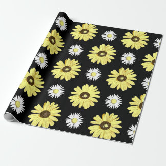 Daisies White Yellow on Black Wrapping Paper