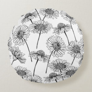 Daisies, wild flowers in black and white round cushion
