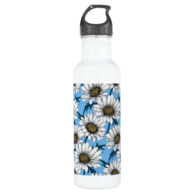 Daisies, wild flowers on blue 710 ml water bottle (Front)