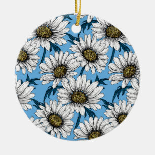 Daisies, wild flowers on blue ceramic tree decoration