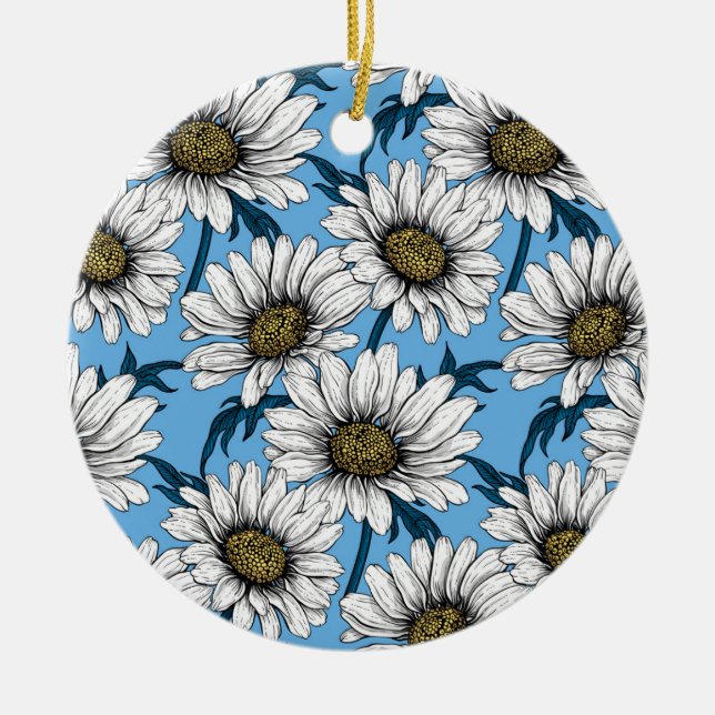 Daisies, wild flowers on blue ceramic tree decoration (Front)