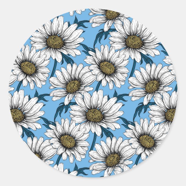 Daisies, wild flowers on blue classic round sticker (Front)