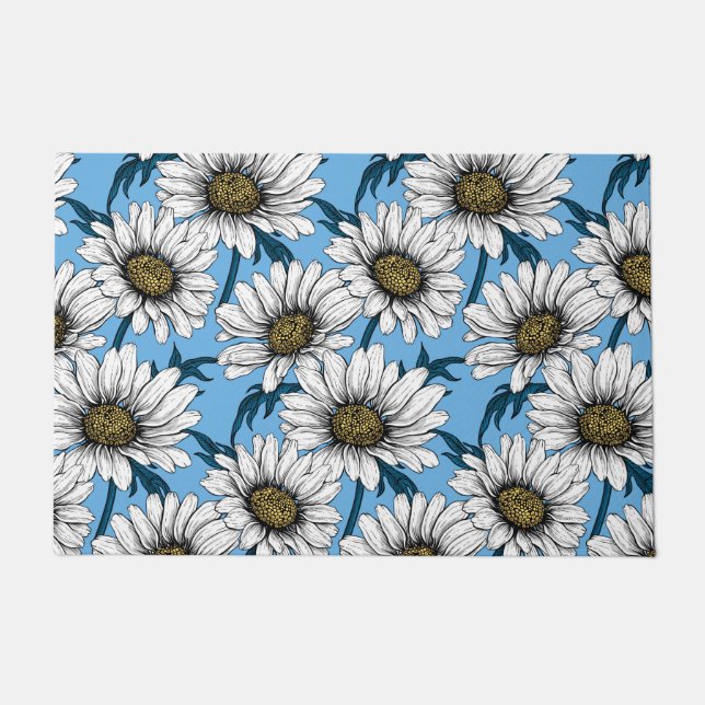 Daisies, wild flowers on blue doormat (Front)