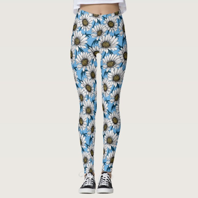 Daisies, wild flowers on blue leggings (Front)