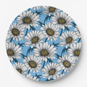 Daisies, wild flowers on blue paper plate