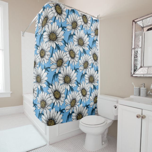 Daisies, wild flowers on blue shower curtain (In Situ)
