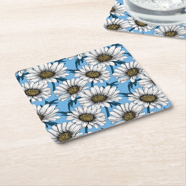 Daisies, wild flowers on blue square paper coaster (Angled)