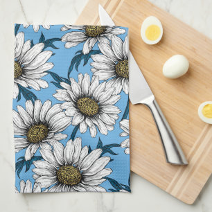 Daisies, wild flowers on blue tea towel