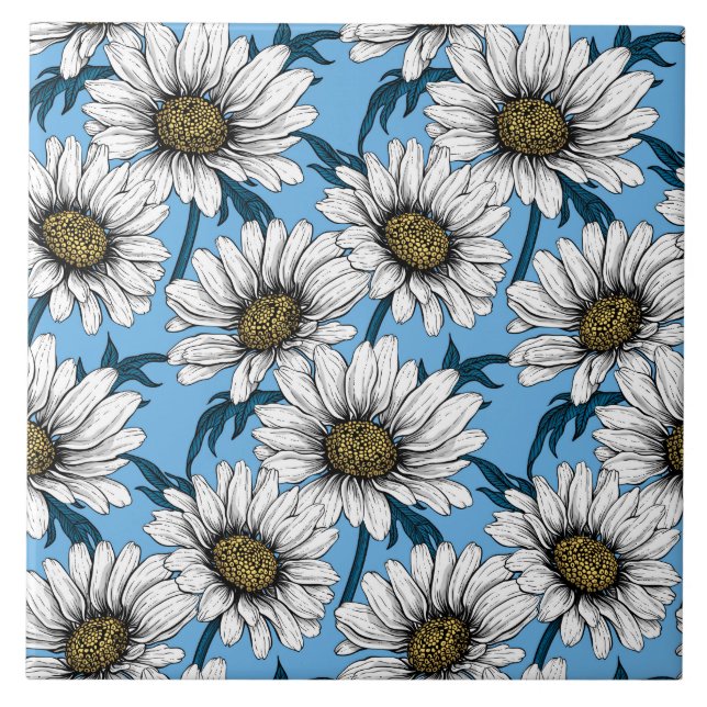 Daisies, wild flowers on blue tile (Front)