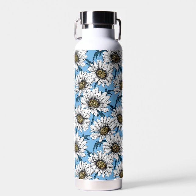 Daisies, wild flowers on blue water bottle (Front)