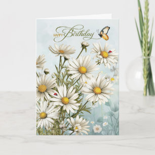 Daisies with Butterflies and Ladybugs Birthday Card