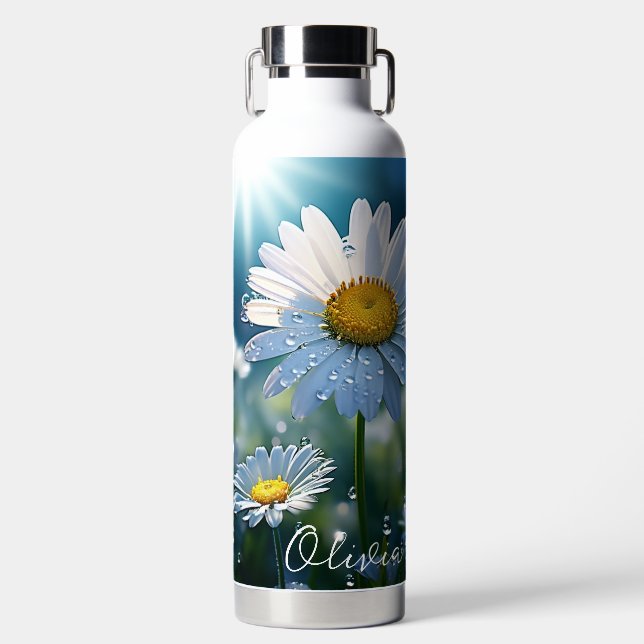 Daisies with Dew Drops Personalised  Water Bottle (Front)