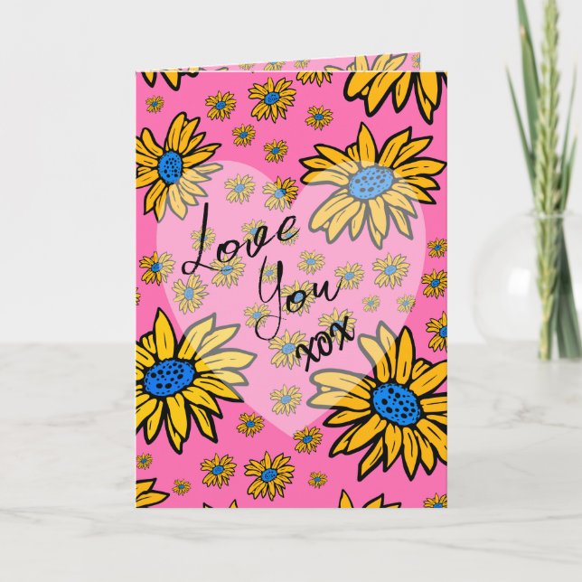 Daisies Yellow Blue Pink Valentines Love Heart Card (Front)