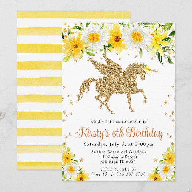 Daisies Yellow Floral Gold Unicorn Birthday Party Invitation (Front/Back)