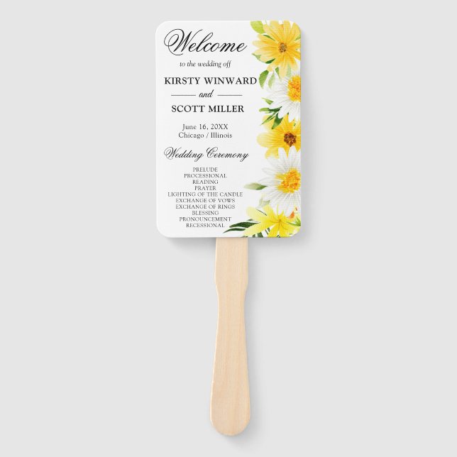 Daisies & Yellow Summer Flowers Wedding Program Hand Fan (Front)