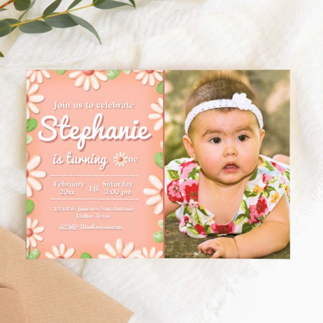 Daisy 1st Birthday Girl Invitation with Photo (Daisy 1st Birthday Girl Landscape Invitation with Photo Picture
)