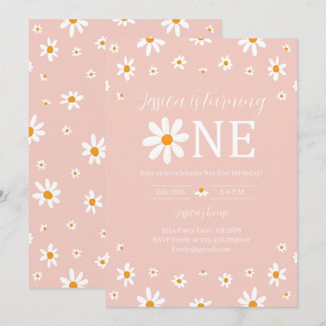 Daisy 1st Birthday Pink Invitation (Front/Back)