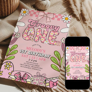 Daisy 1st Birthday Pink Retro Birthday Invitation