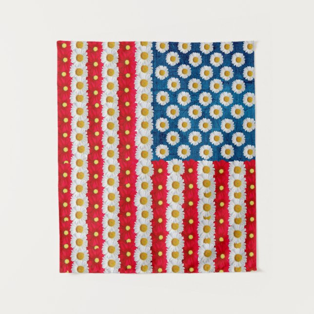 Daisy American Flag Red White Blue Floral Tapestry (Front)