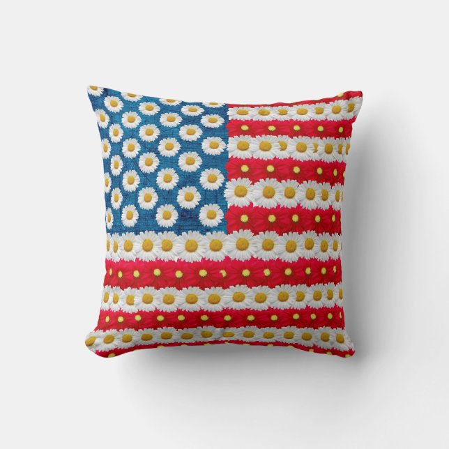 Daisy American Flag Red White Blue Throw Pillow (Front)