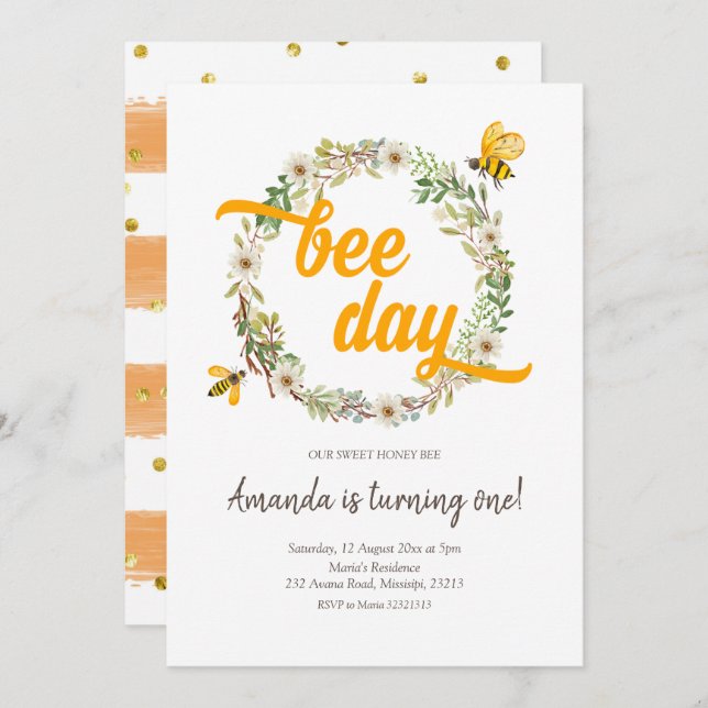 Daisy and Bee Day Birthday Invitation (Front/Back)