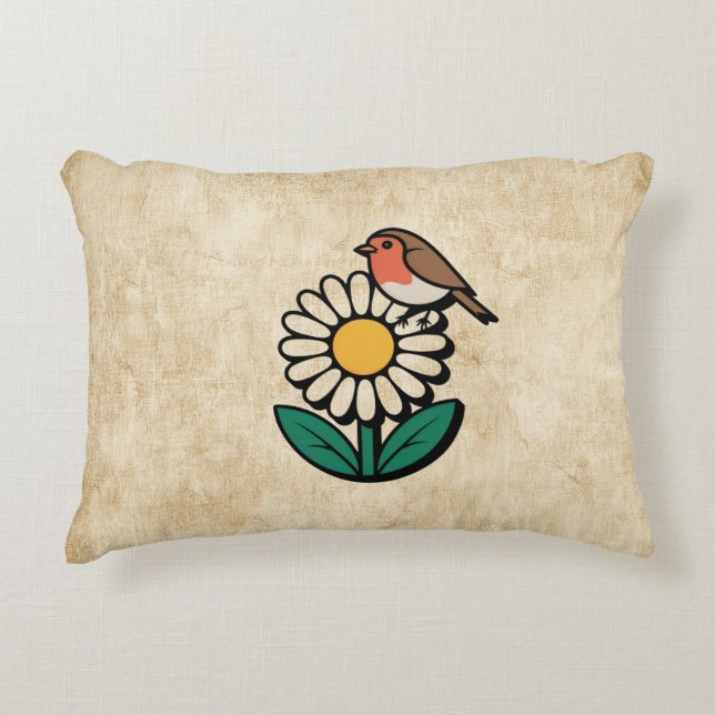 Daisy and Bird Design Decorative Cushion (Front)