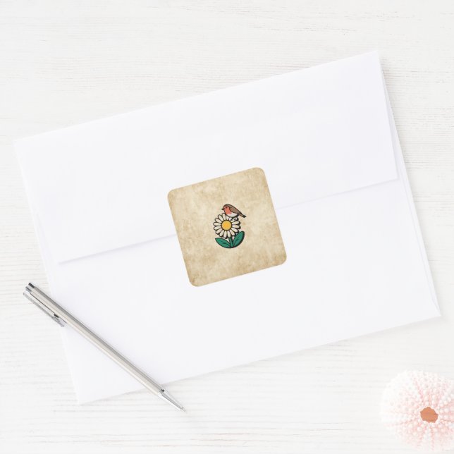 Daisy and Bird Design Square Sticker (Envelope)