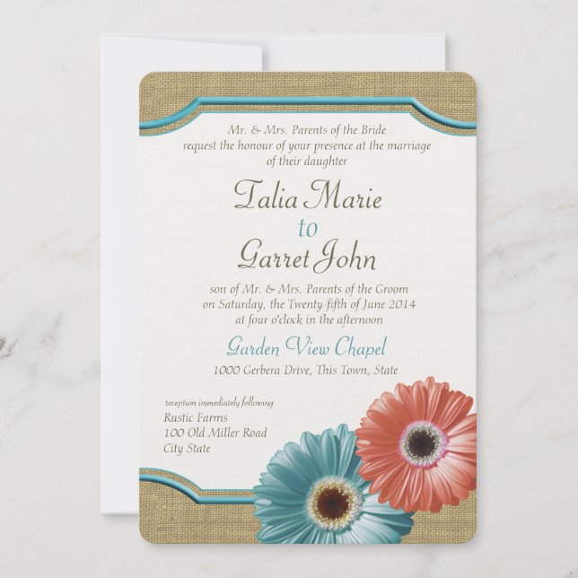 Daisy and Burlap Coral and Aqua Invitation (Front)
