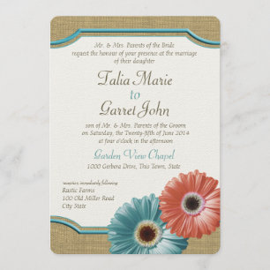 Daisy and Burlap Coral and Aqua Invitation