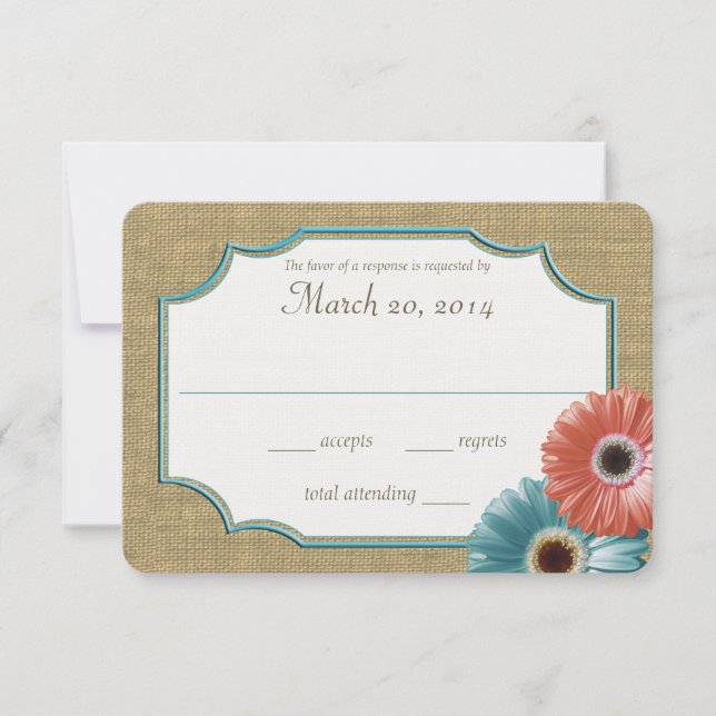 Daisy and Burlap Coral and Aqua Reply RSVP Card (Front)