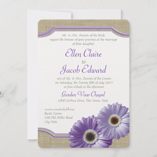 Daisy and Burlap Lavender Purple Invitation (Front)