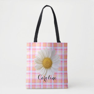 Daisy and Custom Name on Pink Plaid Pattern Tote B