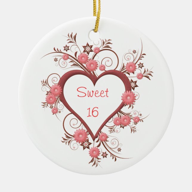 Daisy and Heart Sweet Sixteen Ceramic Tree Decoration (Front)