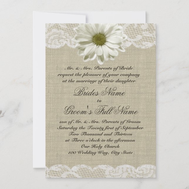 Daisy and Lace Country Burlap Wedding Invitation (Front)