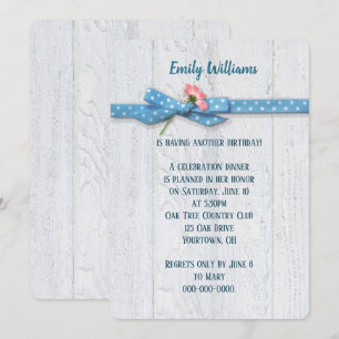 daisy and polka dot ribbon on wood birthday invite
