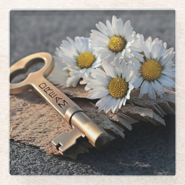 Daisy and Skeleton Key Glass Coaster (Front)